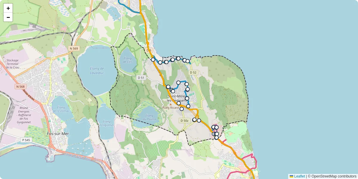 Carte du réseau de transport en commun à Saint-Mitre-les-Remparts - lignes de bus et arrêts