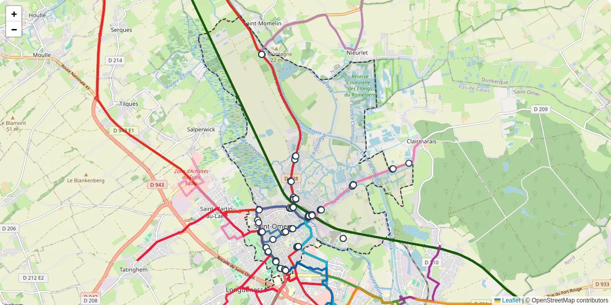 Carte du réseau de transport en commun à Saint-Omer - lignes de bus et arrêts