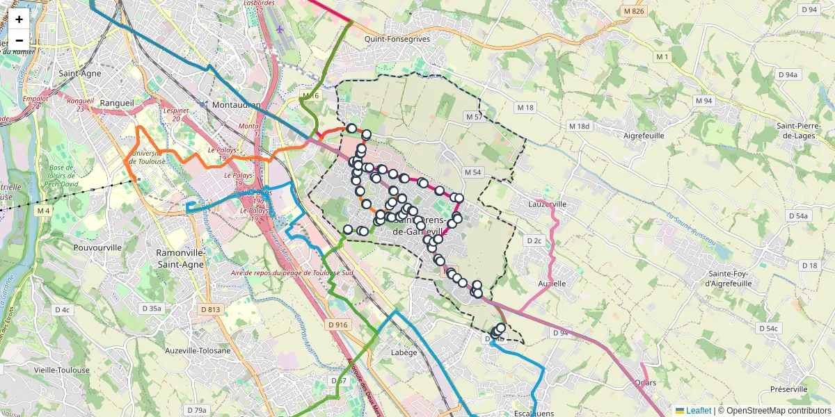 Carte du réseau de transport en commun à Saint-Orens-de-Gameville - lignes de bus et arrêts