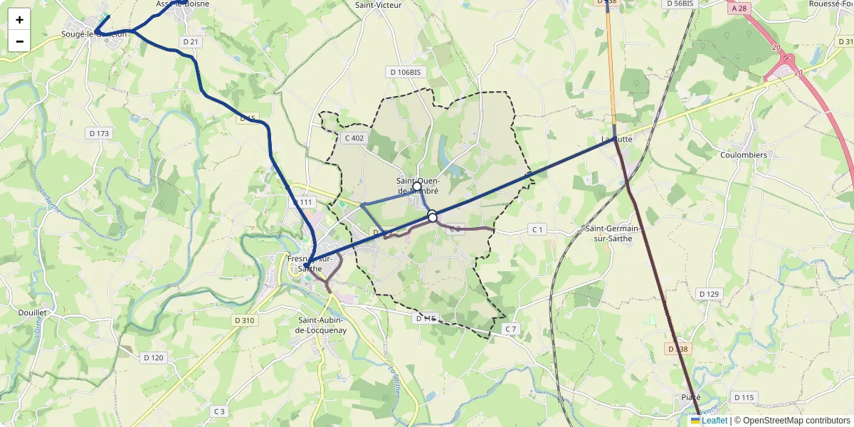 Carte du réseau de transport en commun à Saint-Ouen-de-Mimbré - lignes de bus et arrêts