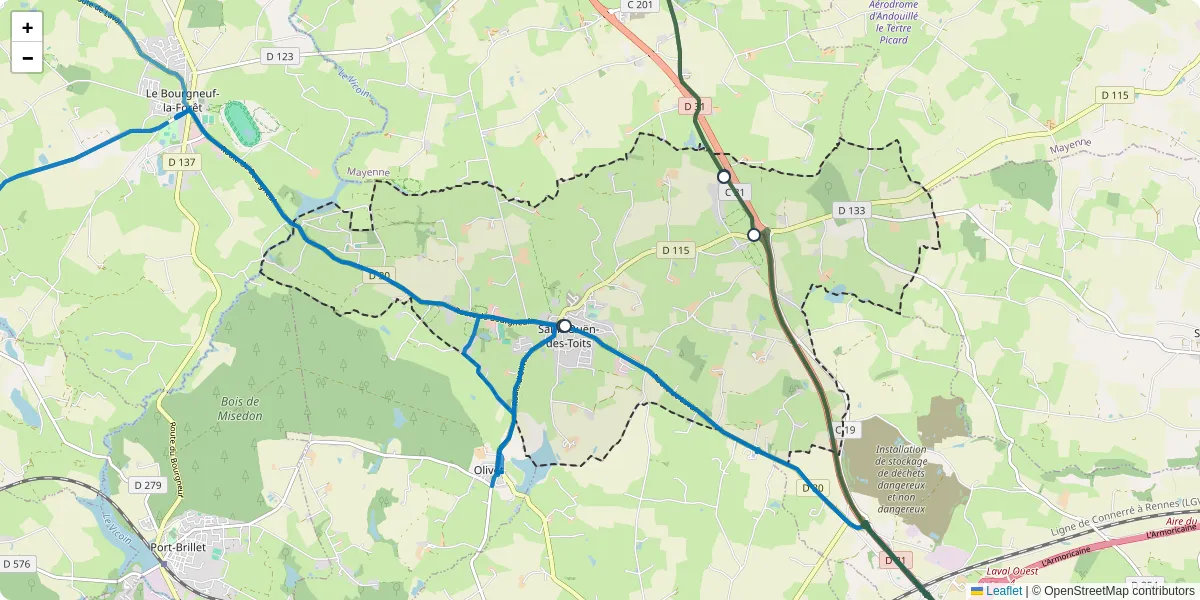 Carte du réseau de transport en commun à Saint-Ouën-des-Toits - lignes de bus et arrêts