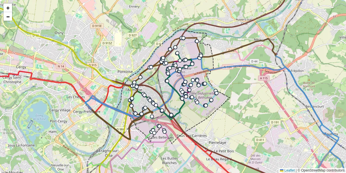 Carte du réseau de transport en commun à Saint-Ouen-l'Aumône - lignes de bus et arrêts