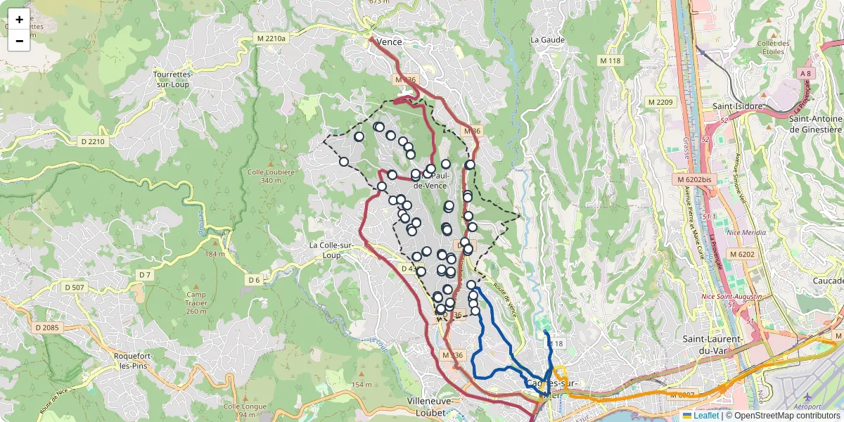 Carte du réseau de transport en commun à Saint-Paul-de-Vence - lignes de bus et arrêts