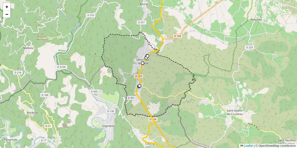 Carte du réseau de transport en commun à Saint-Paul-le-Jeune - lignes de bus et arrêts