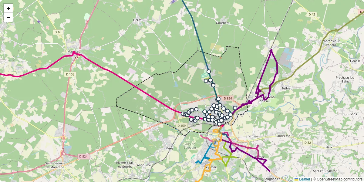 Carte du réseau de transport en commun à Saint-Paul-lès-Dax - lignes de bus et arrêts