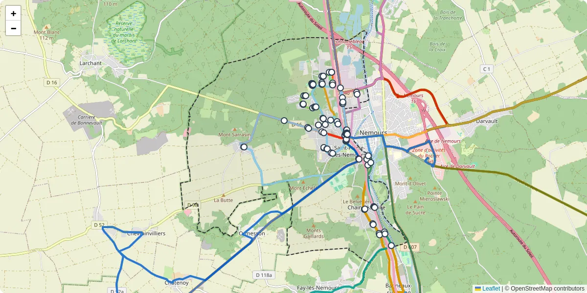 Carte du réseau de transport en commun à Saint-Pierre-lès-Nemours - lignes de bus et arrêts