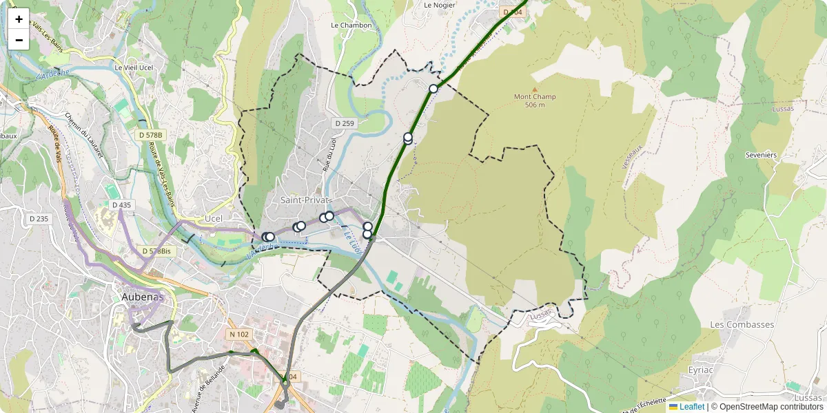 Carte du réseau de transport en commun à Saint-Privat - lignes de bus et arrêts