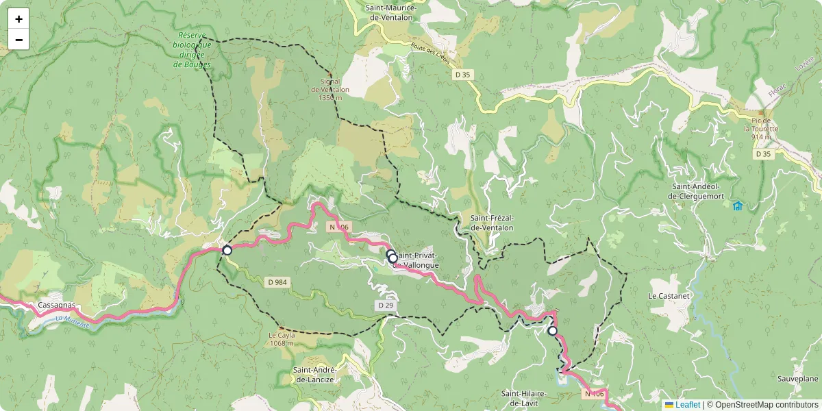 Carte du réseau de transport en commun à Saint-Privat-de-Vallongue - lignes de bus et arrêts