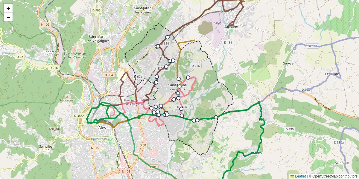 Carte du réseau de transport en commun à Saint-Privat-des-Vieux - lignes de bus et arrêts