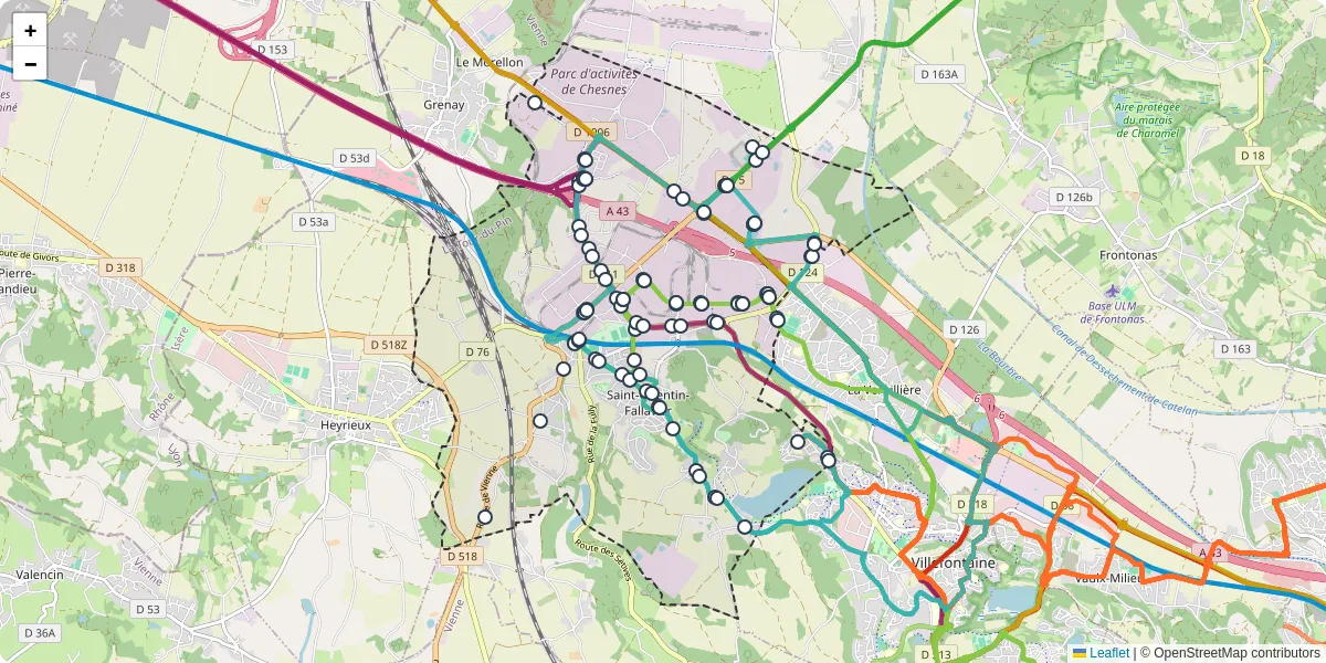 Carte du réseau de transport en commun à Saint-Quentin-Fallavier - lignes de bus et arrêts