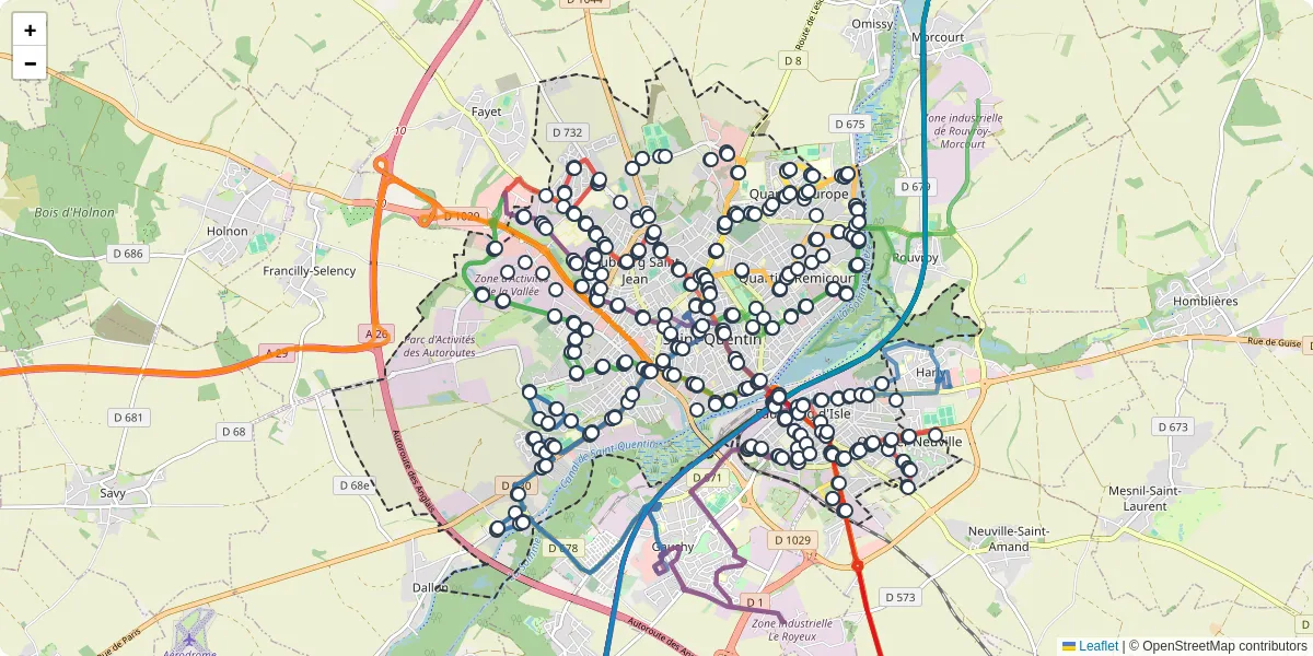 Carte du réseau de transport en commun à Saint-Quentin - lignes de bus et arrêts