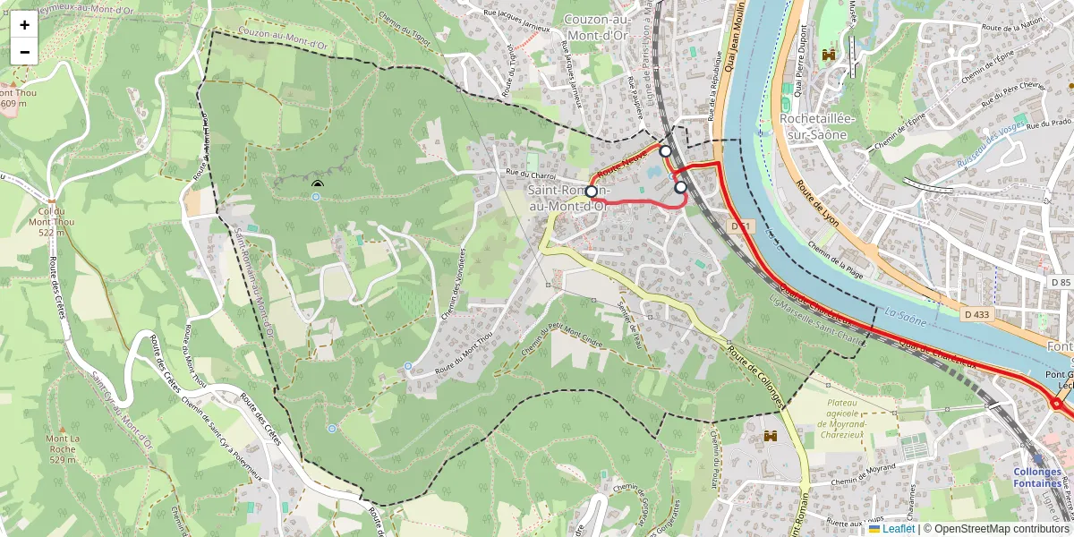 Carte du réseau de transport en commun à Saint-Romain-au-Mont-d'Or - lignes de bus et arrêts