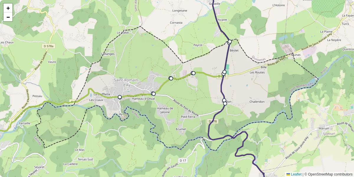 Carte du réseau de transport en commun à Saint-Romain-d'Ay - lignes de bus et arrêts
