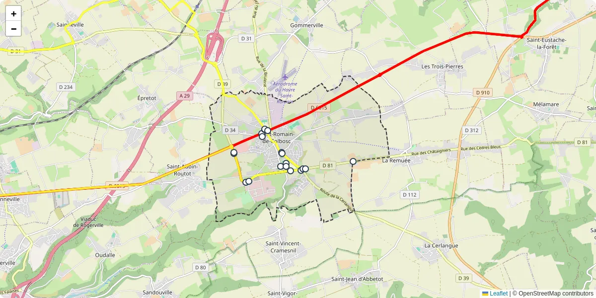 Carte du réseau de transport en commun à Saint-Romain-de-Colbosc - lignes de bus et arrêts
