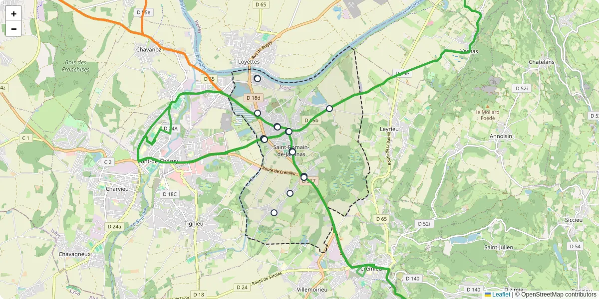 Carte du réseau de transport en commun à Saint-Romain-de-Jalionas - lignes de bus et arrêts