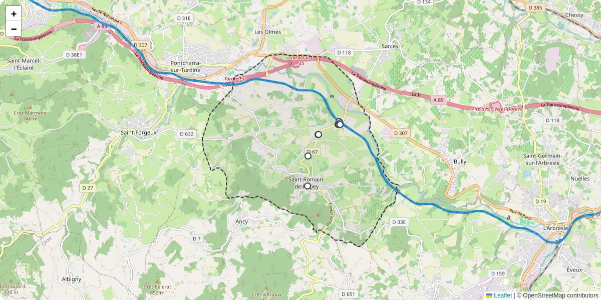 Carte du réseau de transport en commun à Saint-Romain-de-Popey - lignes de bus et arrêts