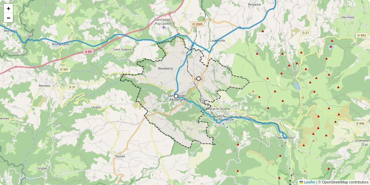Carte du réseau de transport en commun à Saint-Sauves-d'Auvergne - lignes de bus et arrêts