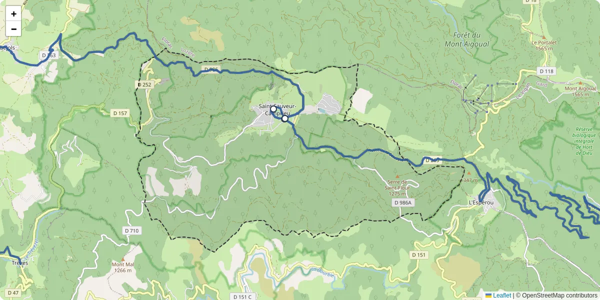 Carte du réseau de transport en commun à Saint-Sauveur-Camprieu - lignes de bus et arrêts
