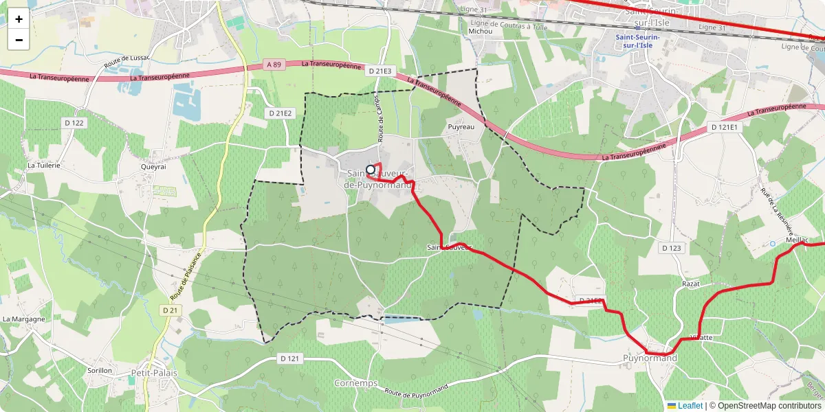 Carte du réseau de transport en commun à Saint-Sauveur-de-Puynormand - lignes de bus et arrêts