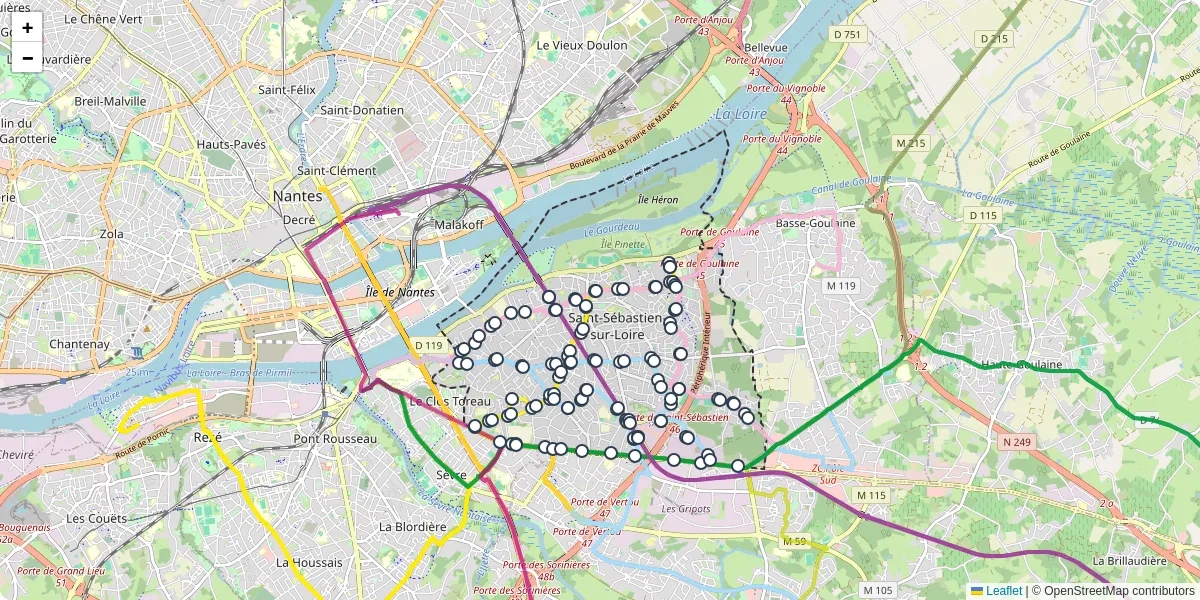Carte du réseau de transport en commun à Saint-Sébastien-sur-Loire - lignes de bus et arrêts