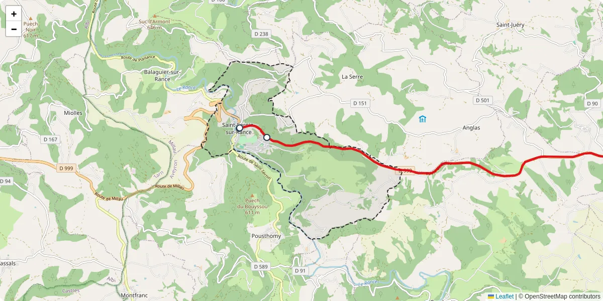 Carte du réseau de transport en commun à Saint-Sernin-sur-Rance - lignes de bus et arrêts