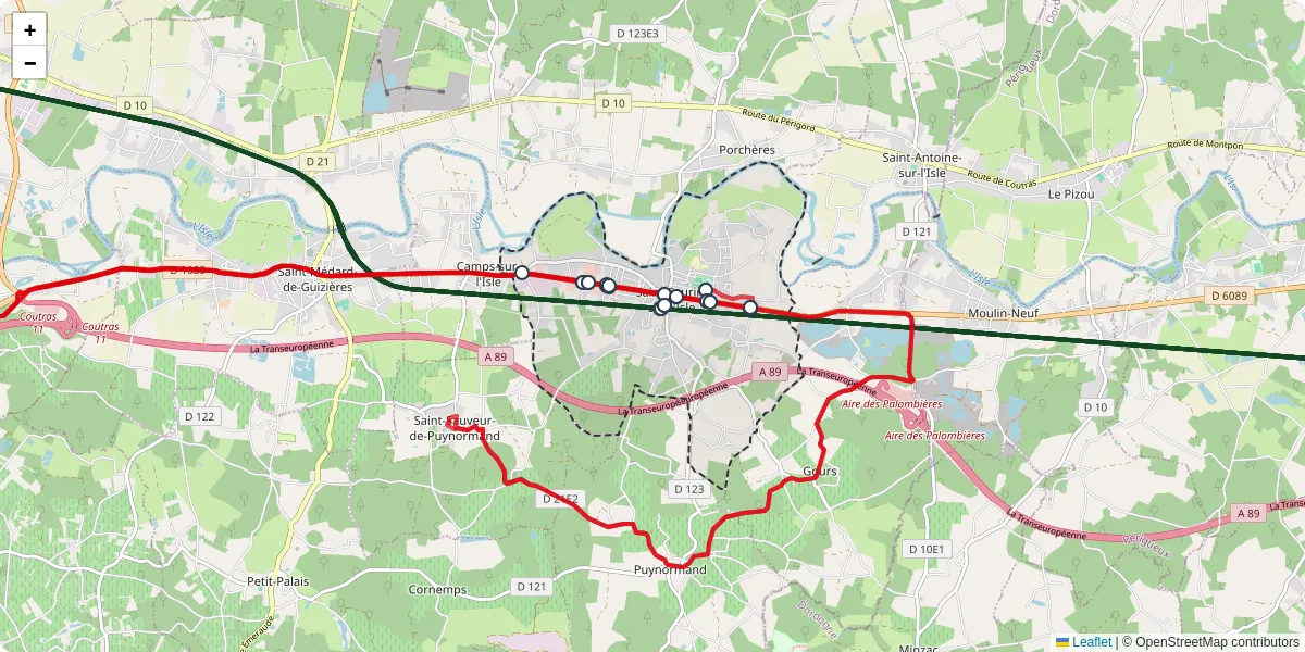 Carte du réseau de transport en commun à Saint-Seurin-sur-l'Isle - lignes de bus et arrêts