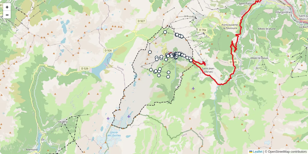 Carte du réseau de transport en commun à Saint-Sorlin-d'Arves - lignes de bus et arrêts