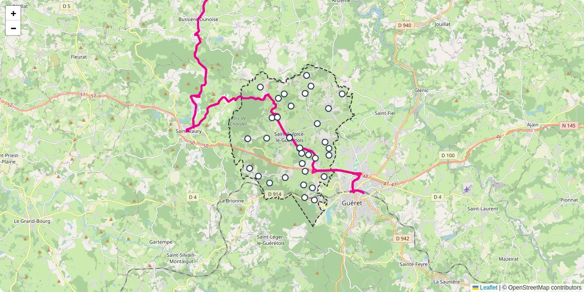 Carte du réseau de transport en commun à Saint-Sulpice-le-Guérétois - lignes de bus et arrêts