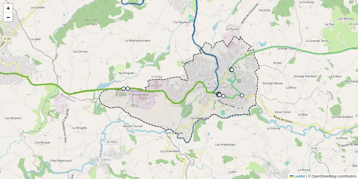 Carte du réseau de transport en commun à Saint-Symphorien-sur-Coise - lignes de bus et arrêts