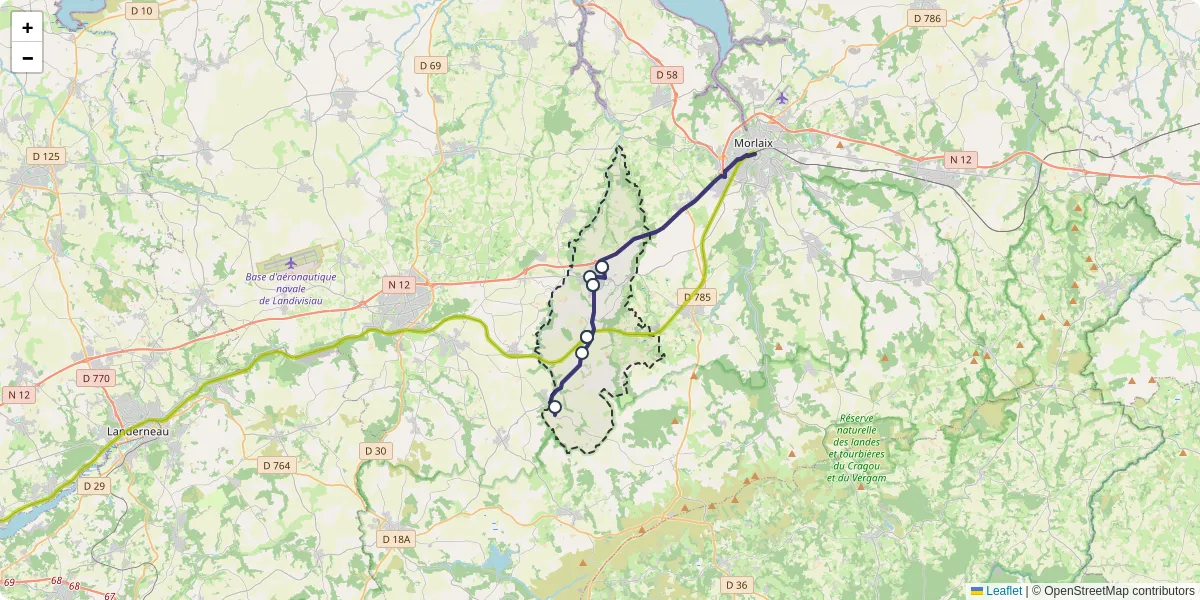 Carte du réseau de transport en commun à Saint-Thégonnec Loc-Eguiner - lignes de bus et arrêts