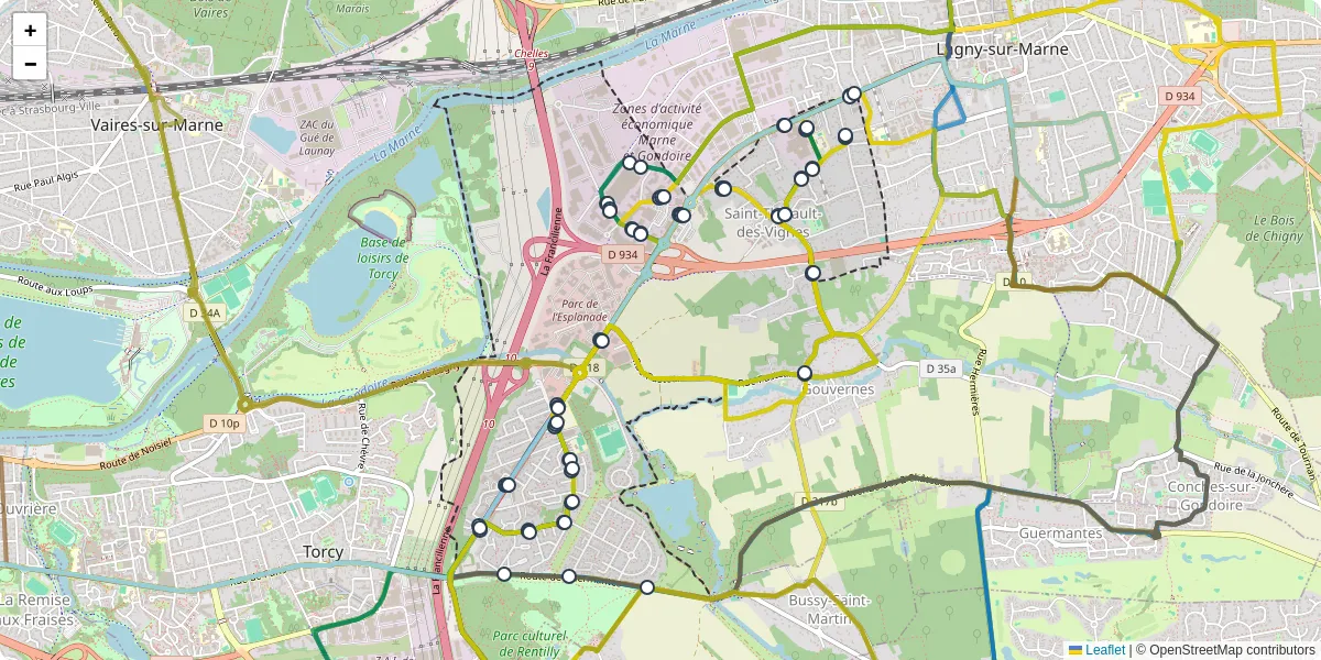 Carte du réseau de transport en commun à Saint-Thibault-des-Vignes - lignes de bus et arrêts