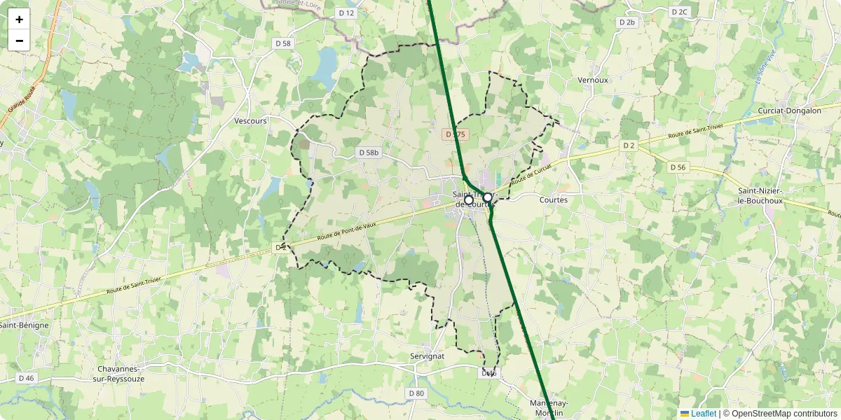 Carte du réseau de transport en commun à Saint-Trivier-de-Courtes - lignes de bus et arrêts