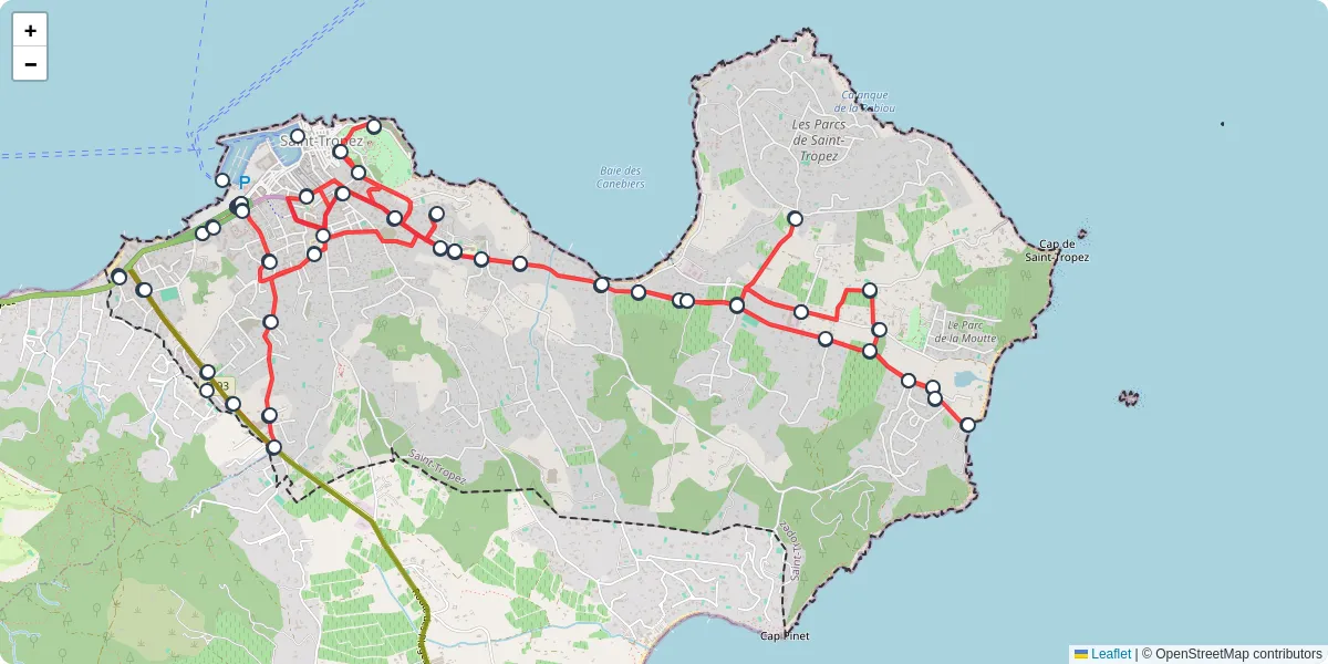 Carte du réseau de transport en commun à Saint-Tropez - lignes de bus et arrêts