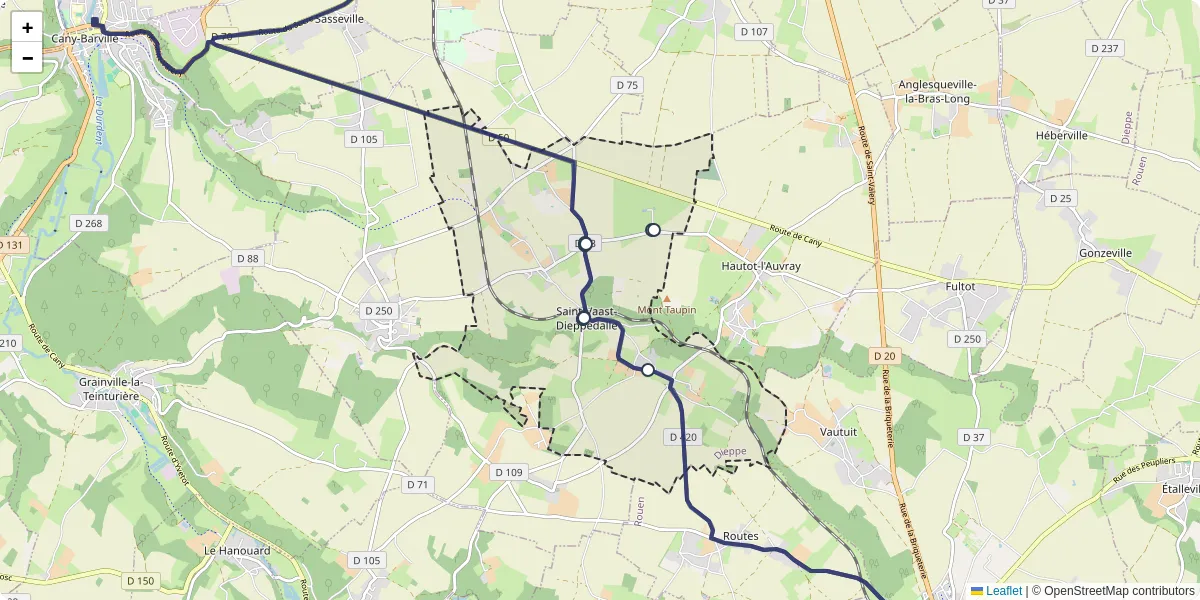 Carte du réseau de transport en commun à Saint-Vaast-Dieppedalle - lignes de bus et arrêts