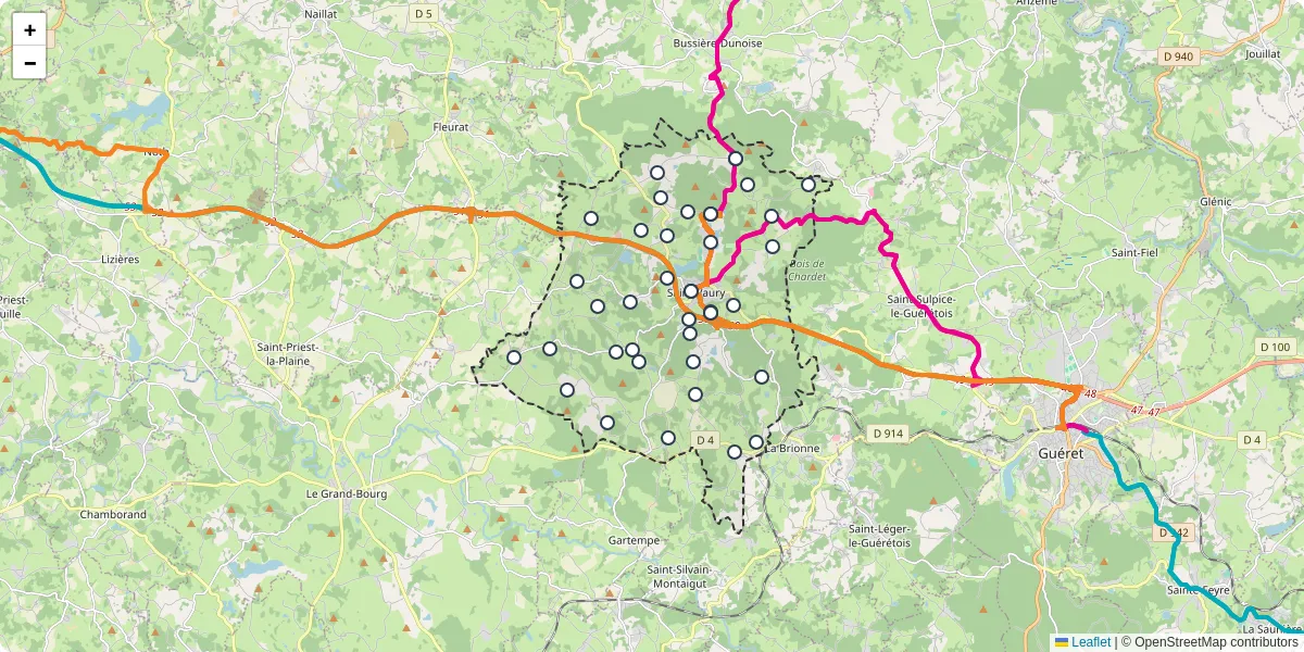 Carte du réseau de transport en commun à Saint-Vaury - lignes de bus et arrêts