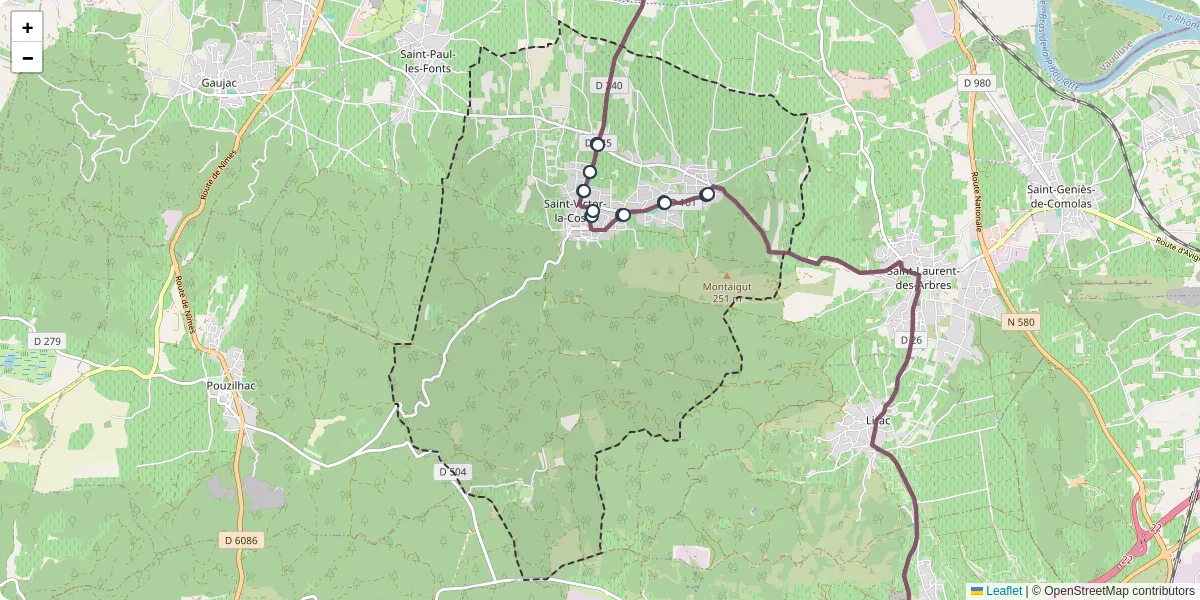 Carte du réseau de transport en commun à Saint-Victor-la-Coste - lignes de bus et arrêts