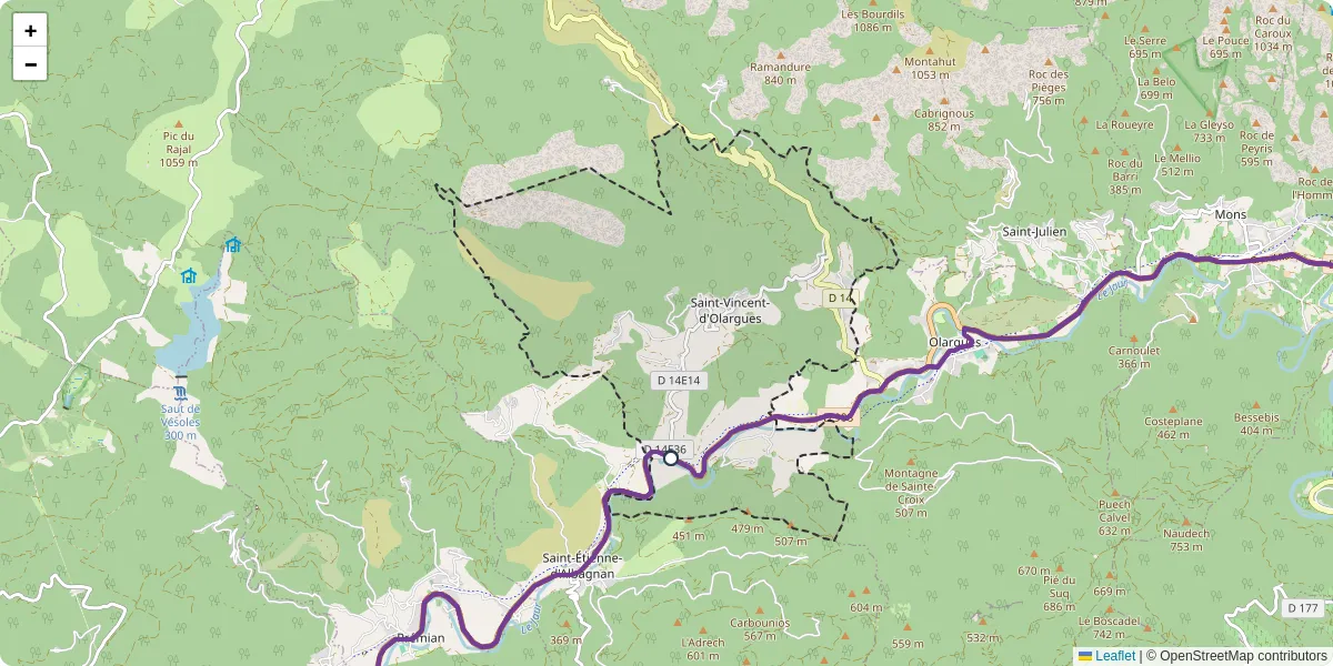 Carte du réseau de transport en commun à Saint-Vincent-d'Olargues - lignes de bus et arrêts