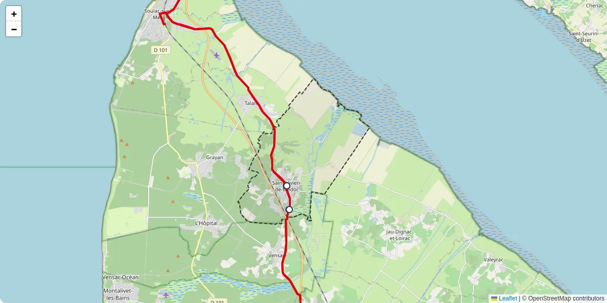 Carte du réseau de transport en commun à Saint-Vivien-de-Médoc - lignes de bus et arrêts