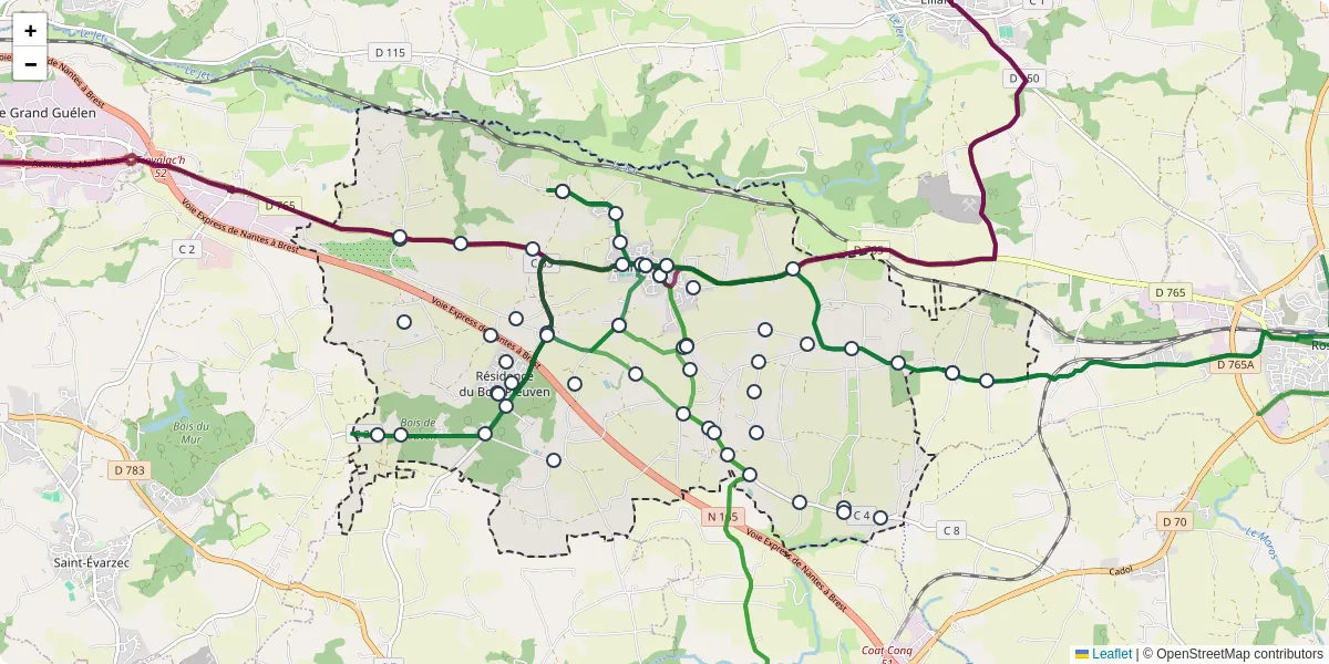 Carte du réseau de transport en commun à Saint-Yvi - lignes de bus et arrêts