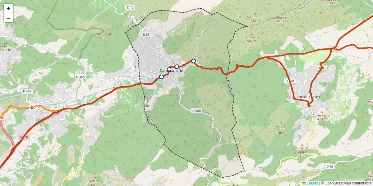 Carte du réseau de transport en commun à Saint-Zacharie - lignes de bus et arrêts
