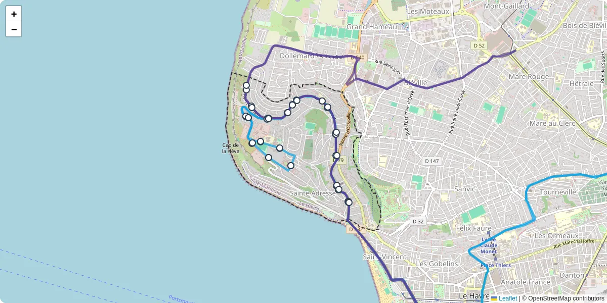 Carte du réseau de transport en commun à Sainte-Adresse - lignes de bus et arrêts