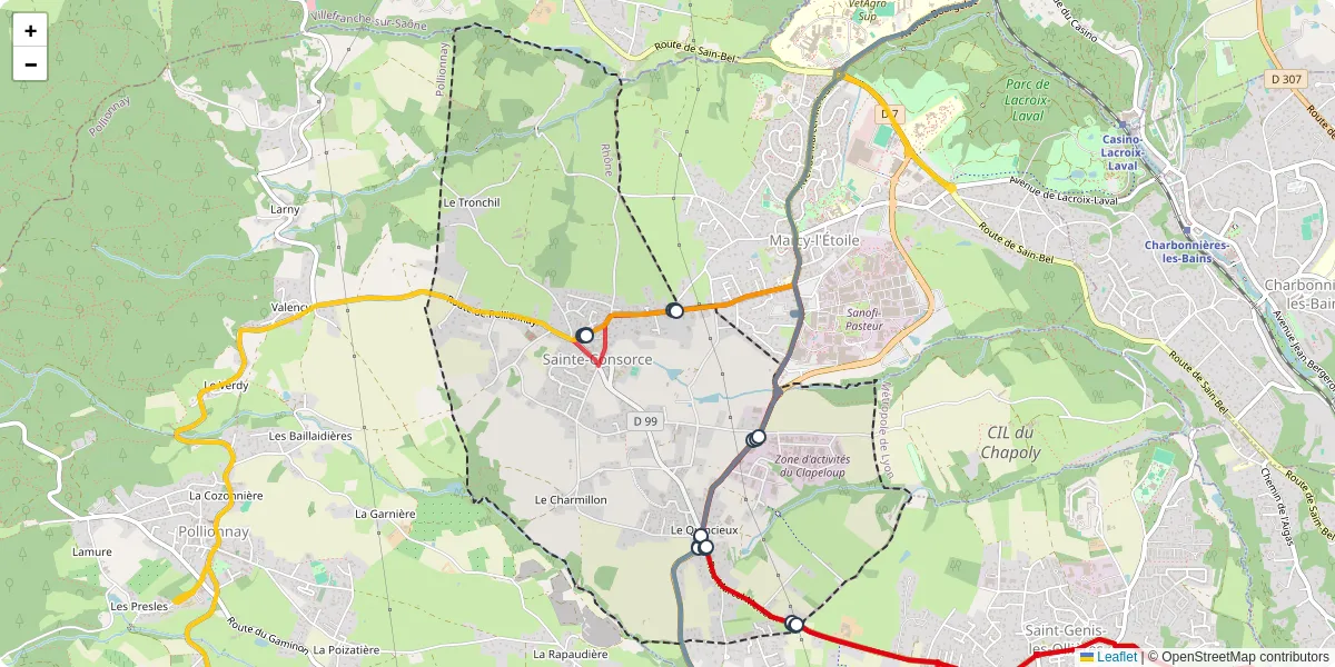 Carte du réseau de transport en commun à Sainte-Consorce - lignes de bus et arrêts