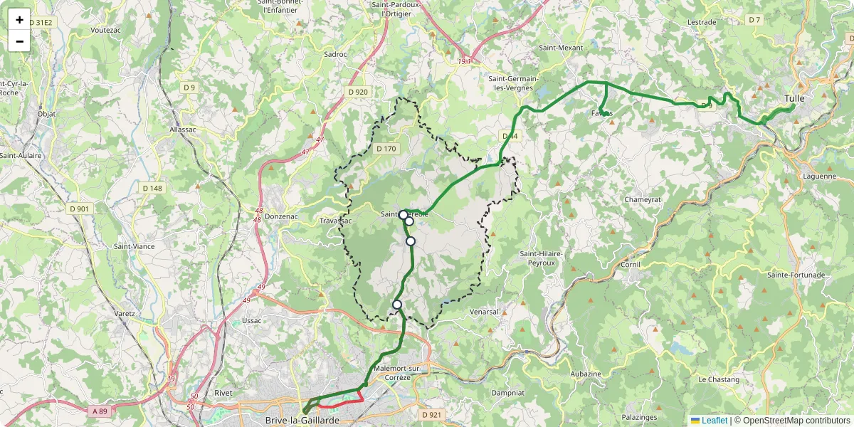 Carte du réseau de transport en commun à Sainte-Féréole - lignes de bus et arrêts