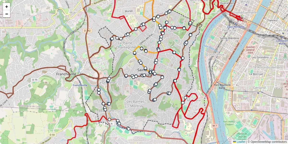 Carte du réseau de transport en commun à Sainte-Foy-lès-Lyon - lignes de bus et arrêts