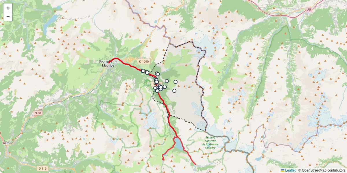 Carte du réseau de transport en commun à Sainte-Foy-Tarentaise - lignes de bus et arrêts