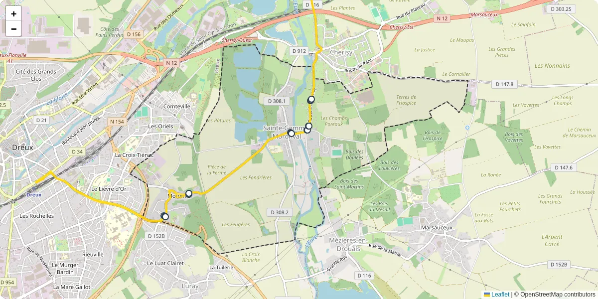 Carte du réseau de transport en commun à Sainte-Gemme-Moronval - lignes de bus et arrêts