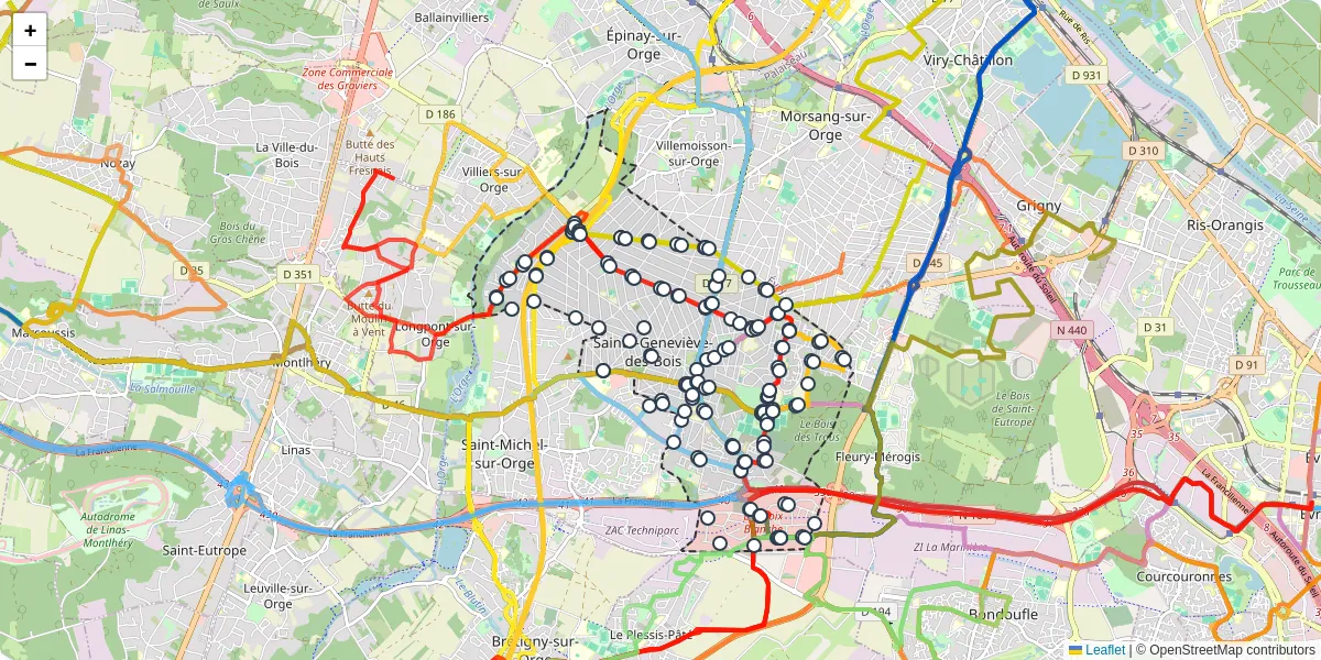 Carte du réseau de transport en commun à Sainte-Geneviève-des-Bois - lignes de bus et arrêts