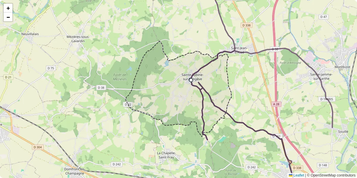 Carte du réseau de transport en commun à Sainte-Sabine-sur-Longève - lignes de bus et arrêts