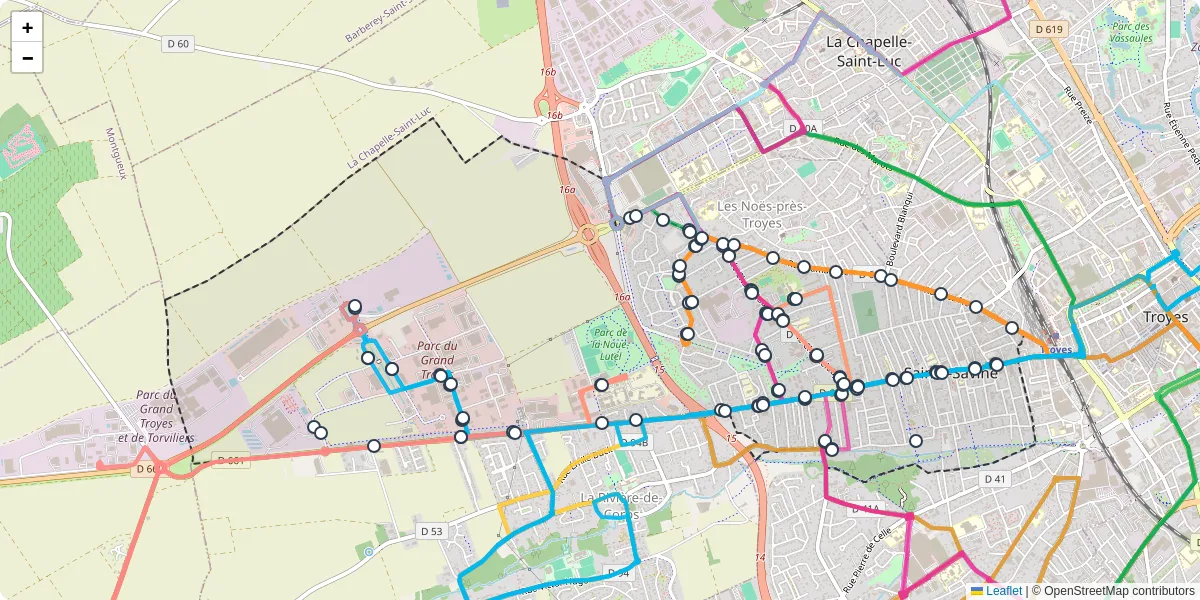 Carte du réseau de transport en commun à Sainte-Savine - lignes de bus et arrêts