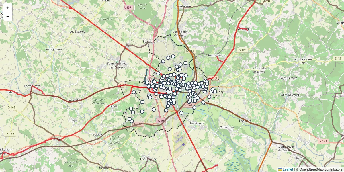 Carte du réseau de transport en commun à Saintes - lignes de bus et arrêts